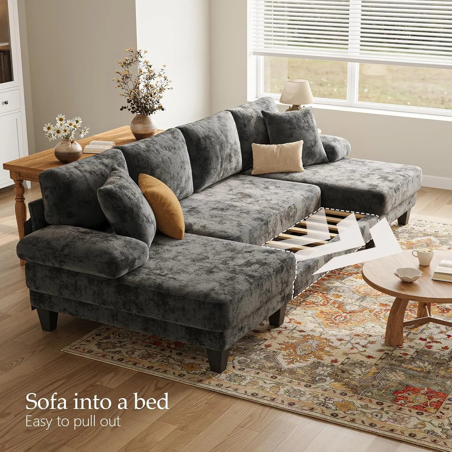 112-inch U-shaped chenille sleeper sofa with pull-out bed for modern living room