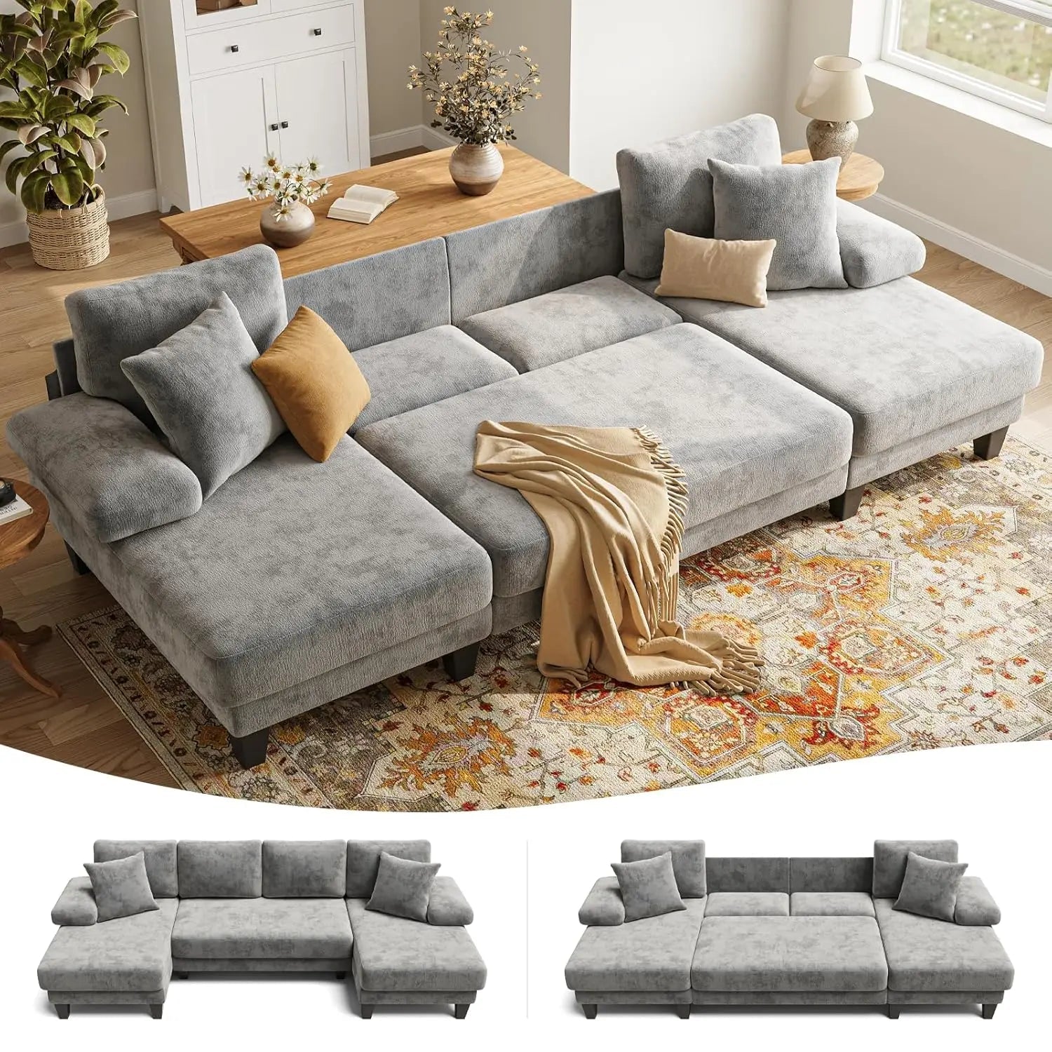 112-inch U-shaped chenille sleeper sofa with pull-out bed for modern living room