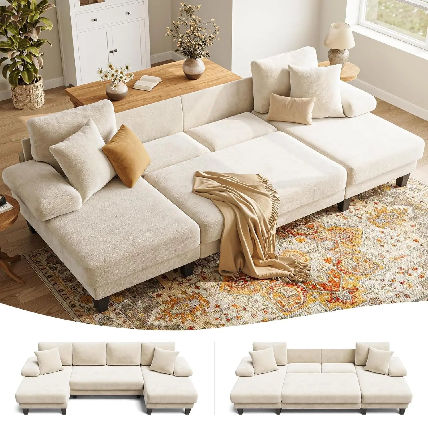 112-inch U-shaped chenille sleeper sofa with pull-out bed for modern living room