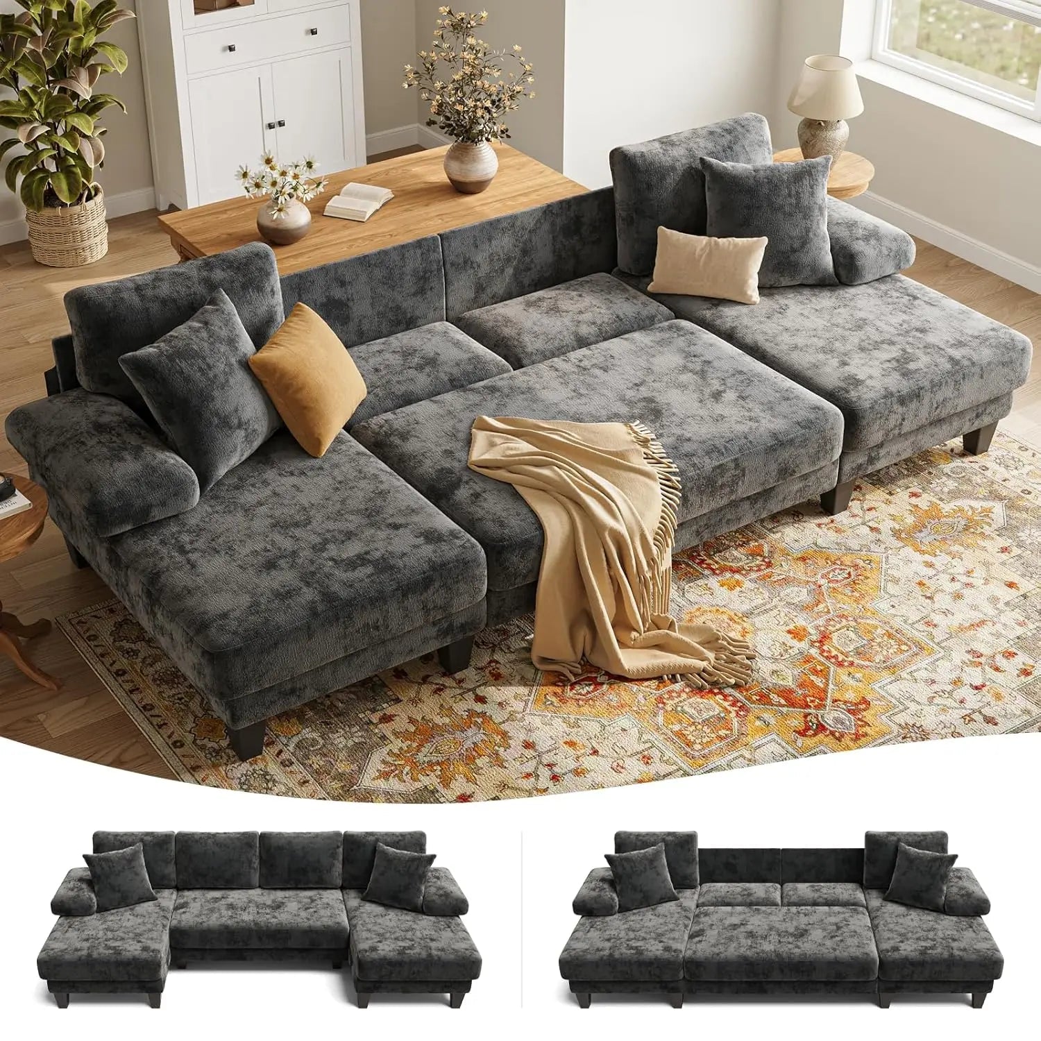 112-inch U-shaped chenille sleeper sofa with pull-out bed for modern living room