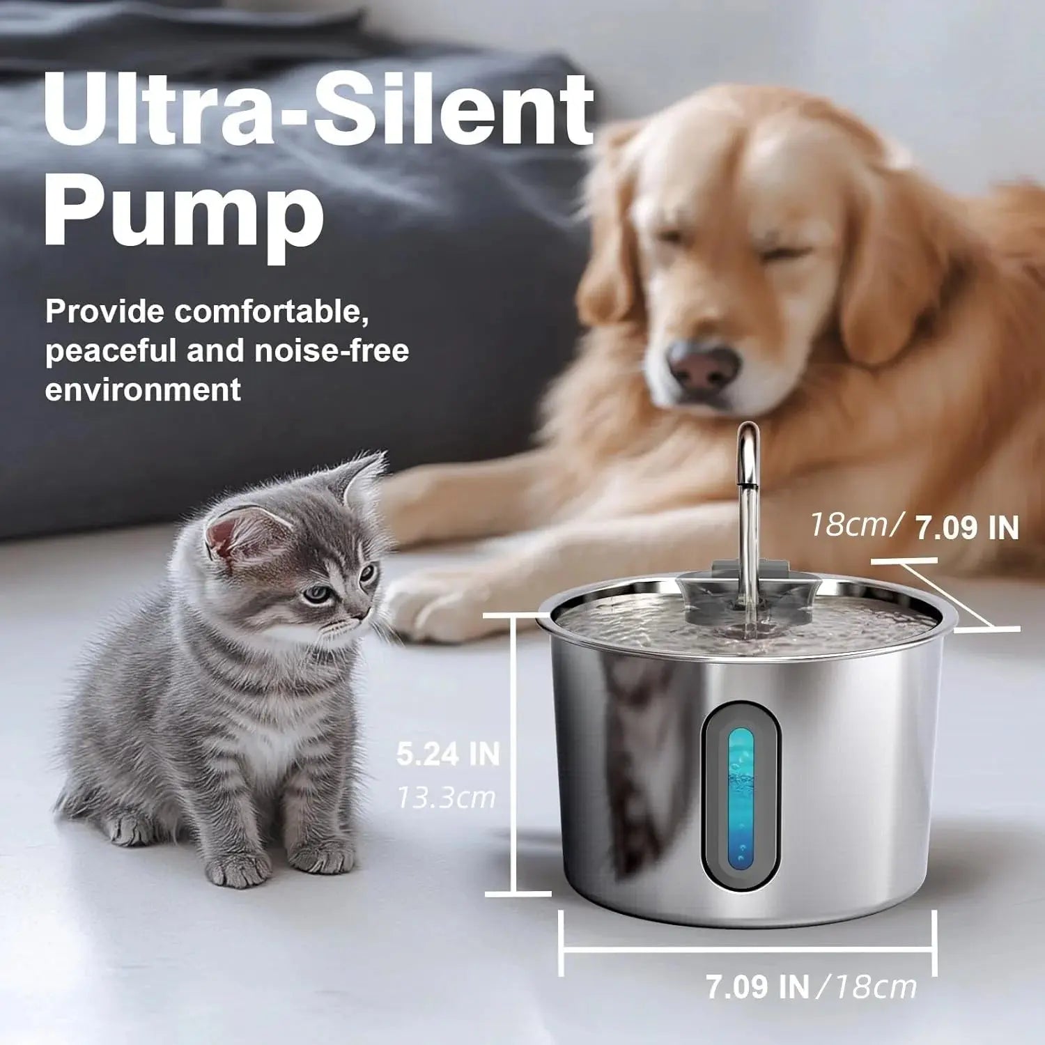 Stainless Steel Cat & Dog Water Fountain 2.2L Ultra Quiet USB Powered Automatic Pet Drinking Fountain Durable for Indoor Pets - Velvet Haven