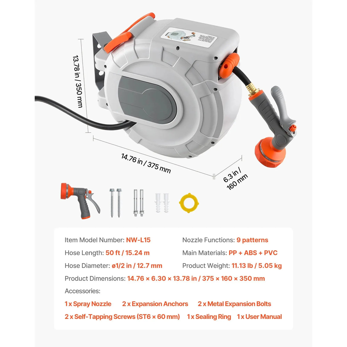 SucceBuy Retractable Garden Hose Reel Wall Mounted Hose Reel with 9-Function Sprayer Nozzle and 180° Swivel Bracket for Garden - Velvet Haven