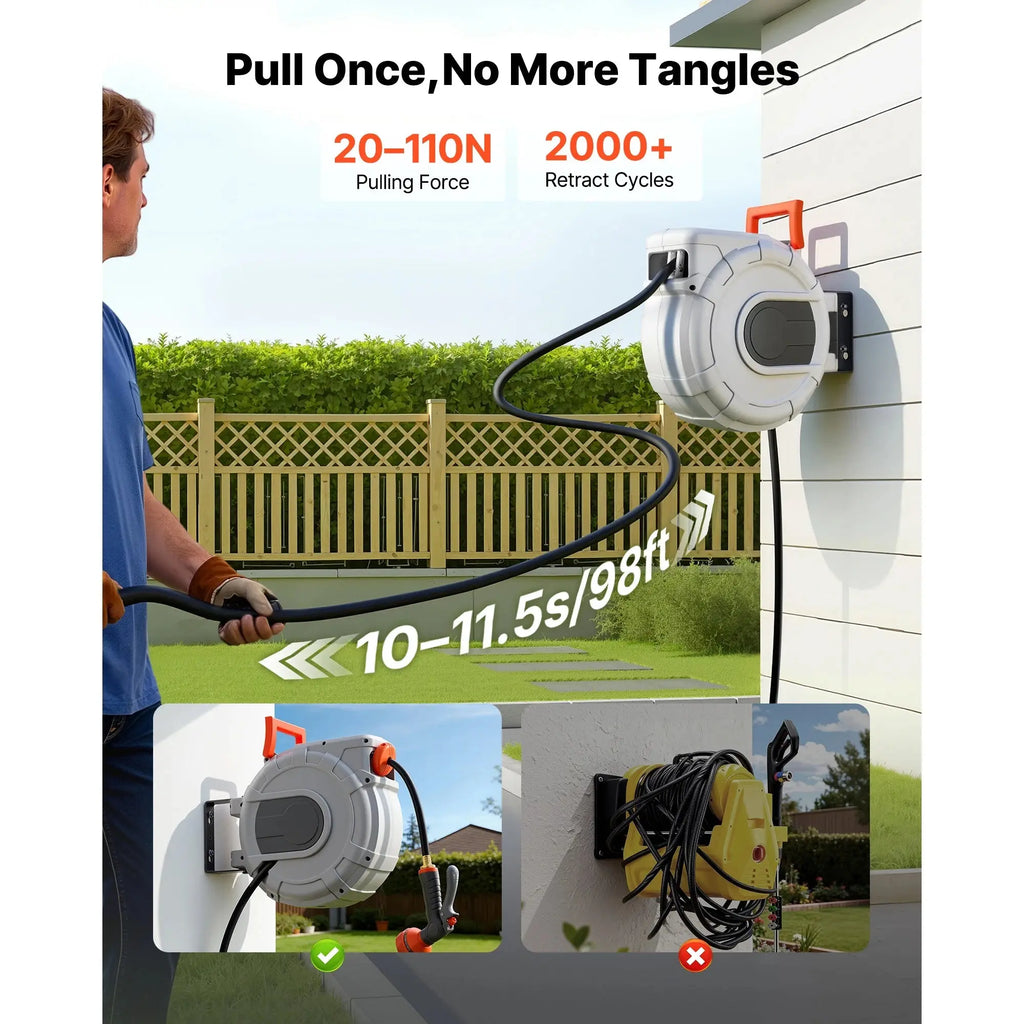 SucceBuy Retractable Garden Hose Reel Wall Mounted Hose Reel with 9-Function Sprayer Nozzle and 180° Swivel Bracket for Garden - Velvet Haven