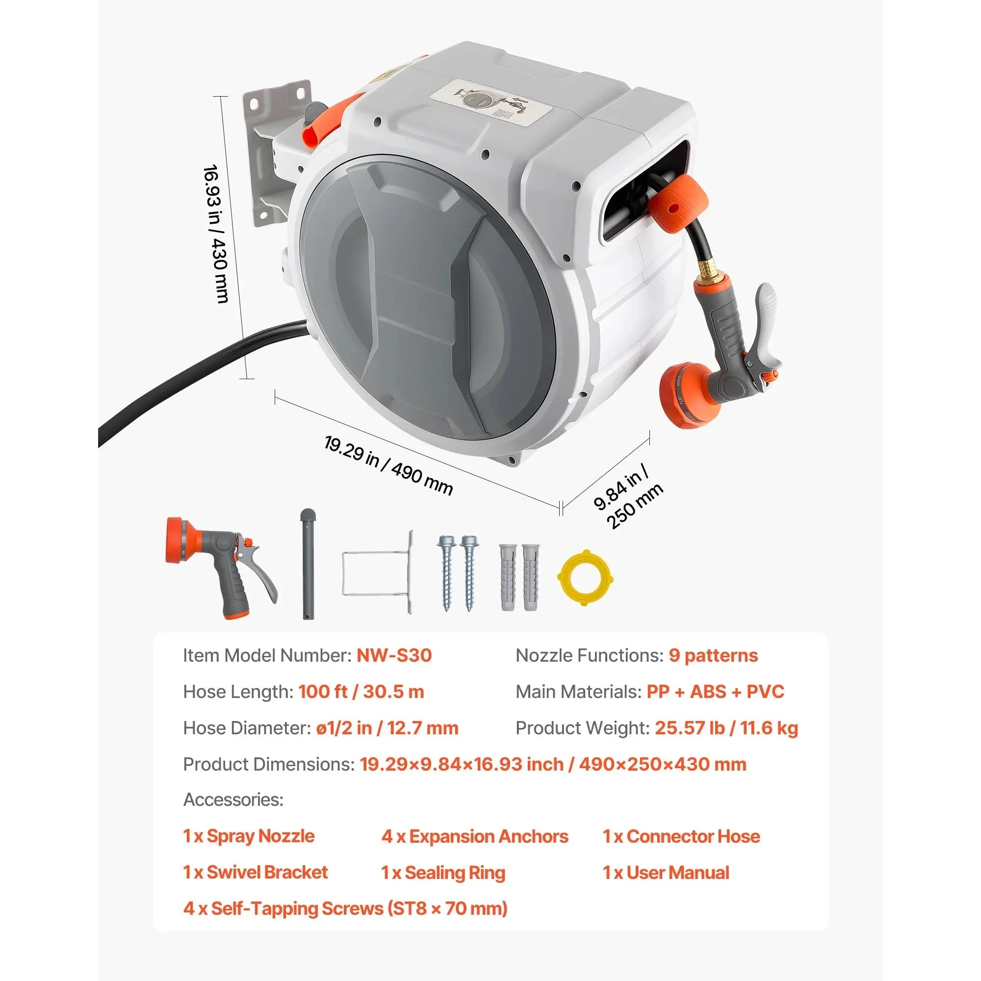 SucceBuy Retractable Garden Hose Reel Wall Mounted Hose Reel with 9-Function Sprayer Nozzle and 180° Swivel Bracket for Garden - Velvet Haven