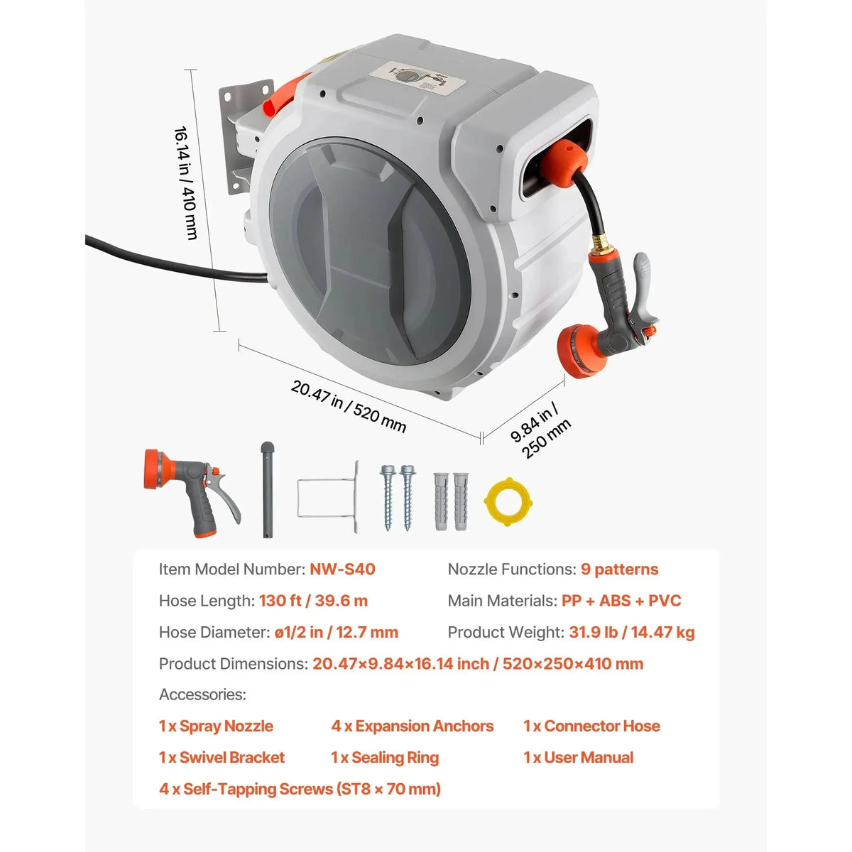 SucceBuy Retractable Garden Hose Reel Wall Mounted Hose Reel with 9-Function Sprayer Nozzle and 180° Swivel Bracket for Garden - Velvet Haven