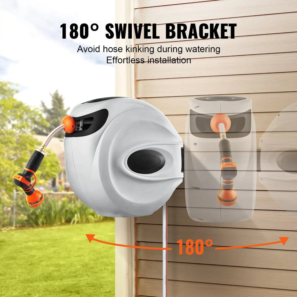 SucceBuy Retractable Hose Reel 180° Swivel Bracket Wall-Mounted Garden Water Hose Reel with 9-Pattern Nozzle Automatic Rewind - Velvet Haven
