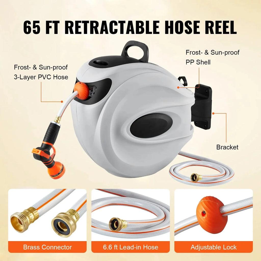 SucceBuy Retractable Hose Reel 180° Swivel Bracket Wall-Mounted Garden Water Hose Reel with 9-Pattern Nozzle Automatic Rewind - Velvet Haven
