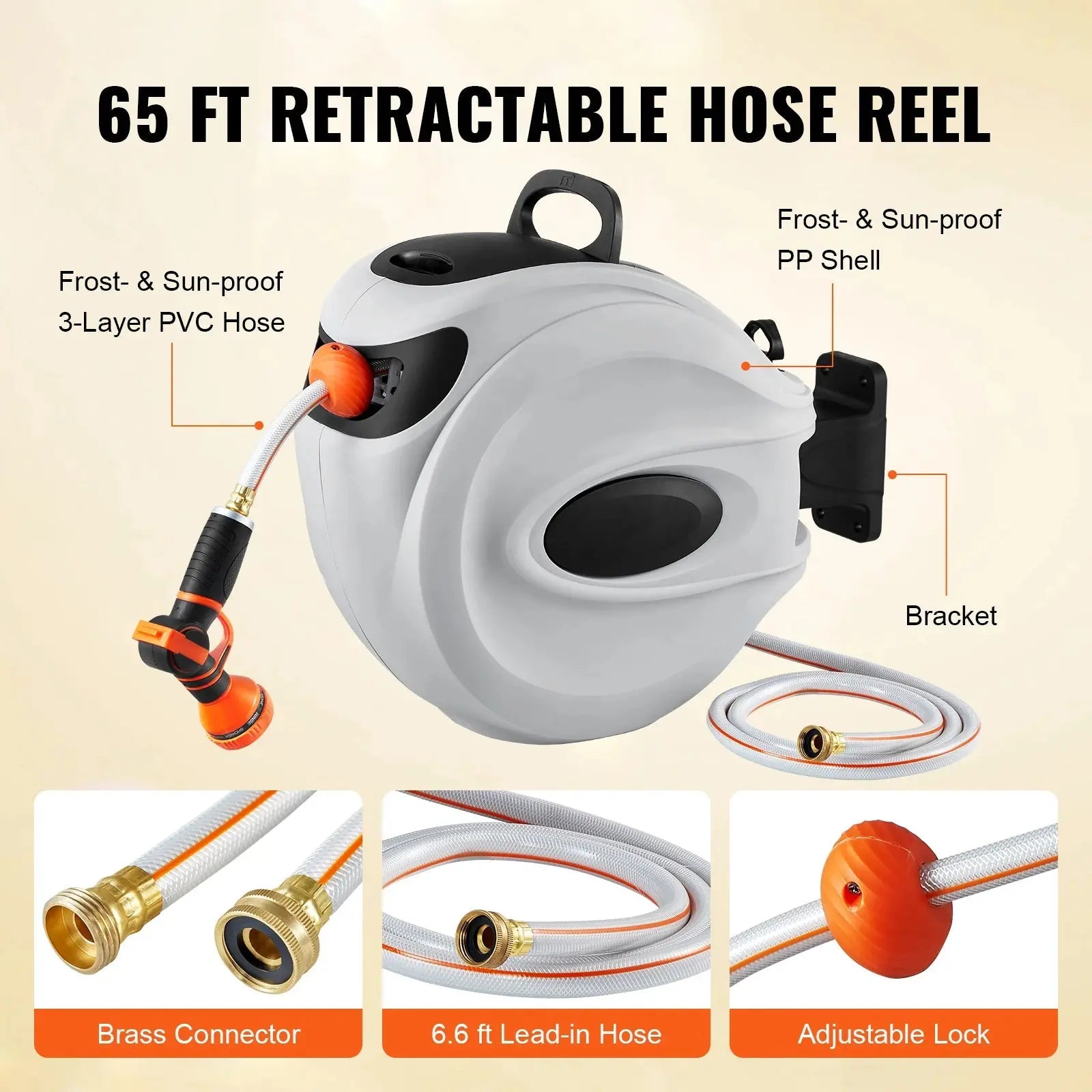 SucceBuy Retractable Hose Reel 180° Swivel Bracket Wall-Mounted Garden Water Hose Reel with 9-Pattern Nozzle Automatic Rewind - Velvet Haven