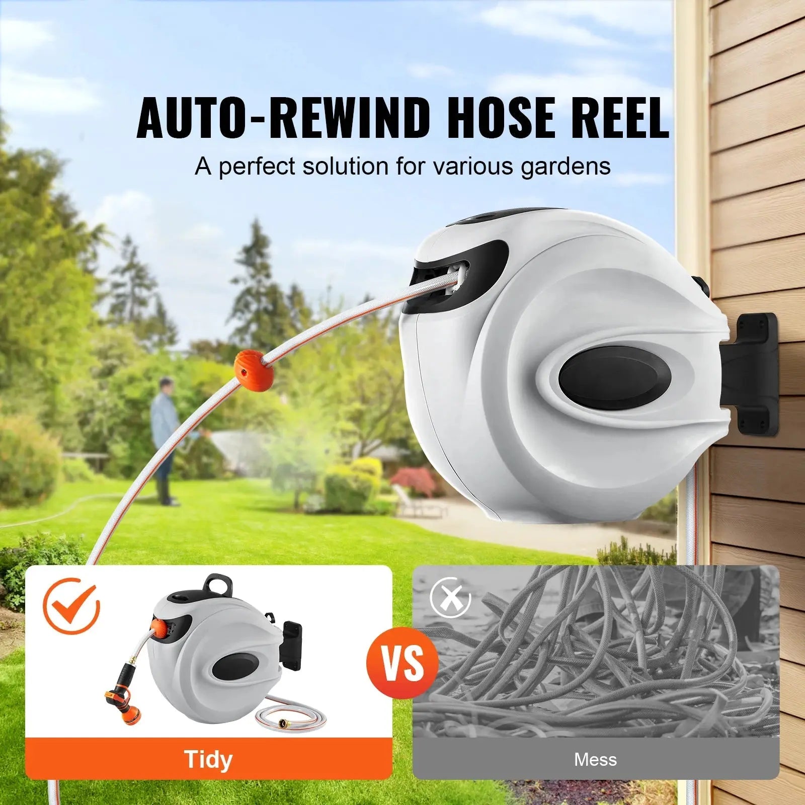 SucceBuy Retractable Hose Reel 180° Swivel Bracket Wall-Mounted Garden Water Hose Reel with 9-Pattern Nozzle Automatic Rewind - Velvet Haven