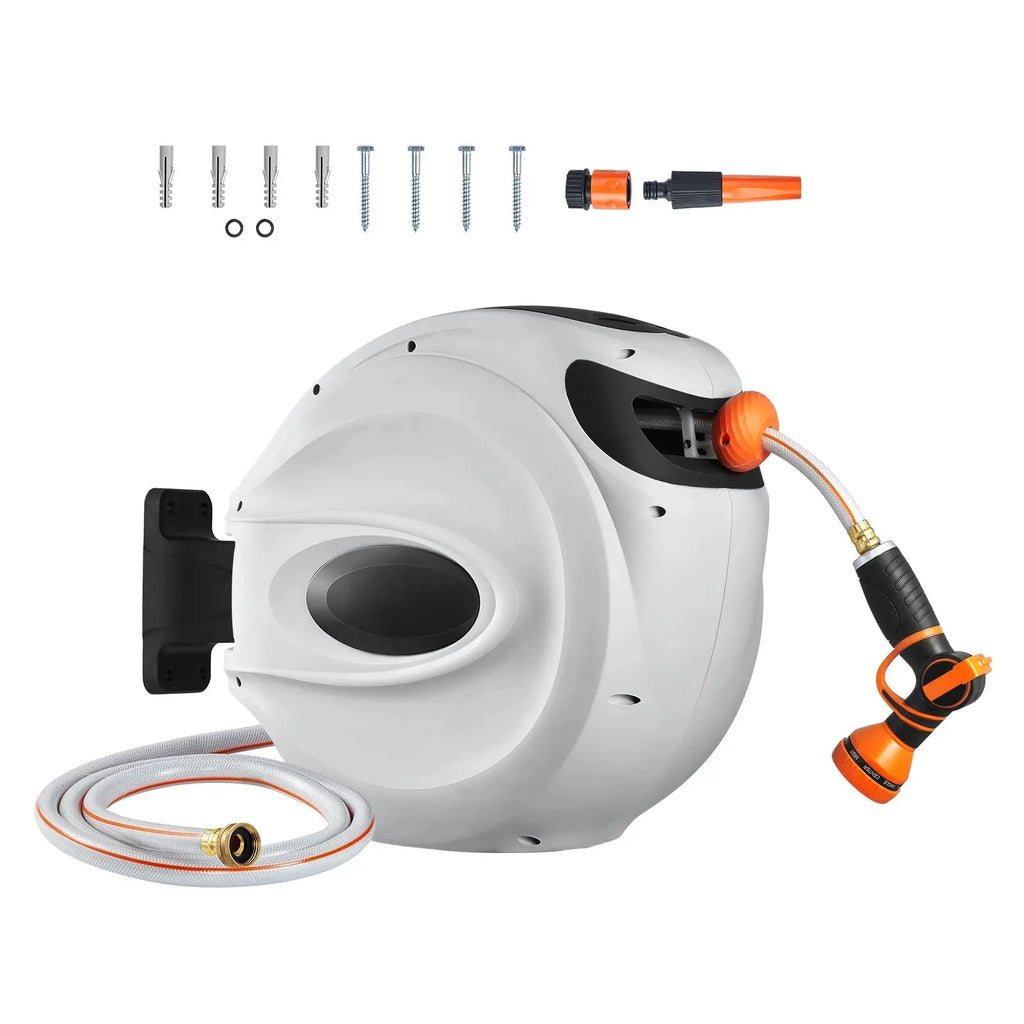 SucceBuy Retractable Hose Reel 180° Swivel Bracket Wall-Mounted Garden Water Hose Reel with 9-Pattern Nozzle Automatic Rewind - Velvet Haven
