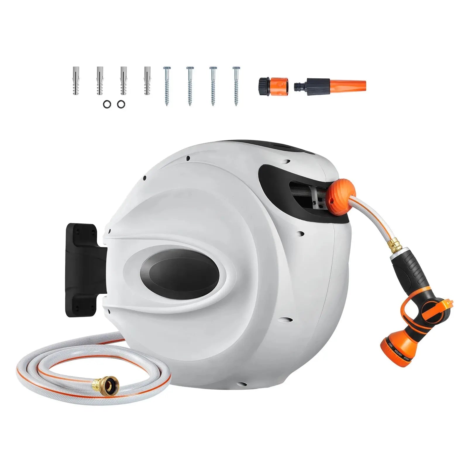 SucceBuy Retractable Hose Reel 180° Swivel Bracket Wall-Mounted Garden Water Hose Reel with 9-Pattern Nozzle Automatic Rewind - Velvet Haven