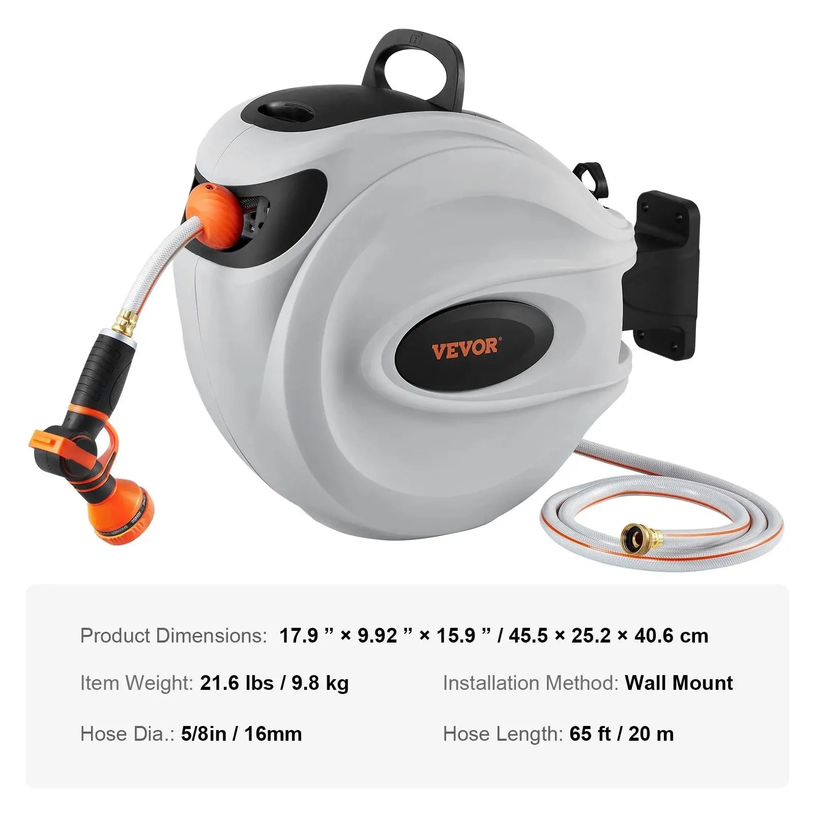 SucceBuy Retractable Hose Reel 180° Swivel Bracket Wall-Mounted Garden Water Hose Reel with 9-Pattern Nozzle Automatic Rewind - Velvet Haven