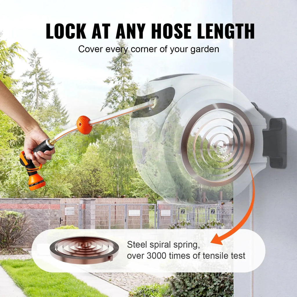 SucceBuy Retractable Hose Reel 180° Swivel Bracket Wall-Mounted Garden Water Hose Reel with 9-Pattern Nozzle Automatic Rewind - Velvet Haven