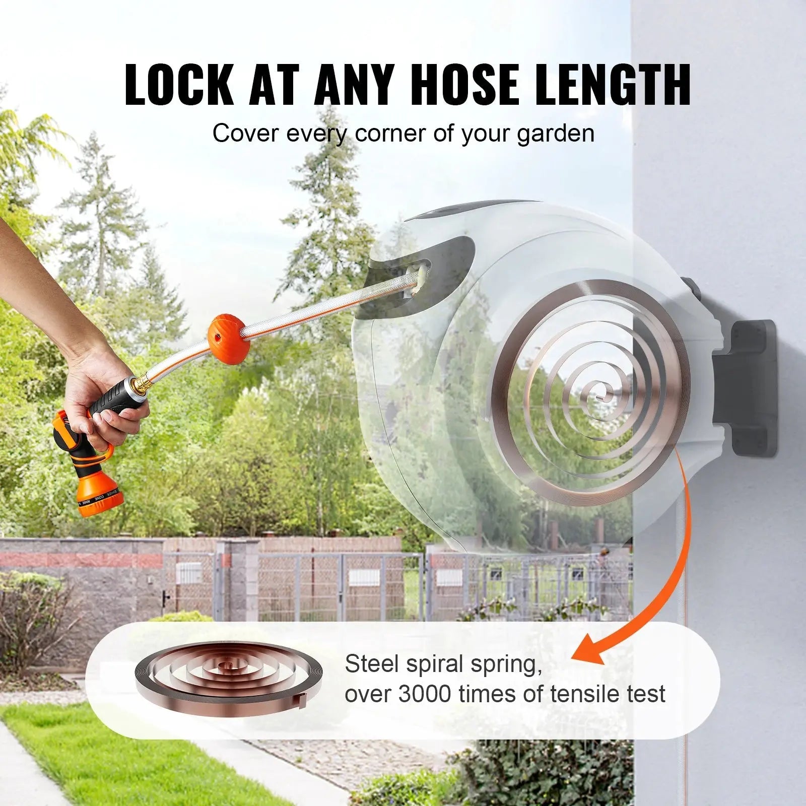SucceBuy Retractable Hose Reel 180° Swivel Bracket Wall-Mounted Garden Water Hose Reel with 9-Pattern Nozzle Automatic Rewind - Velvet Haven