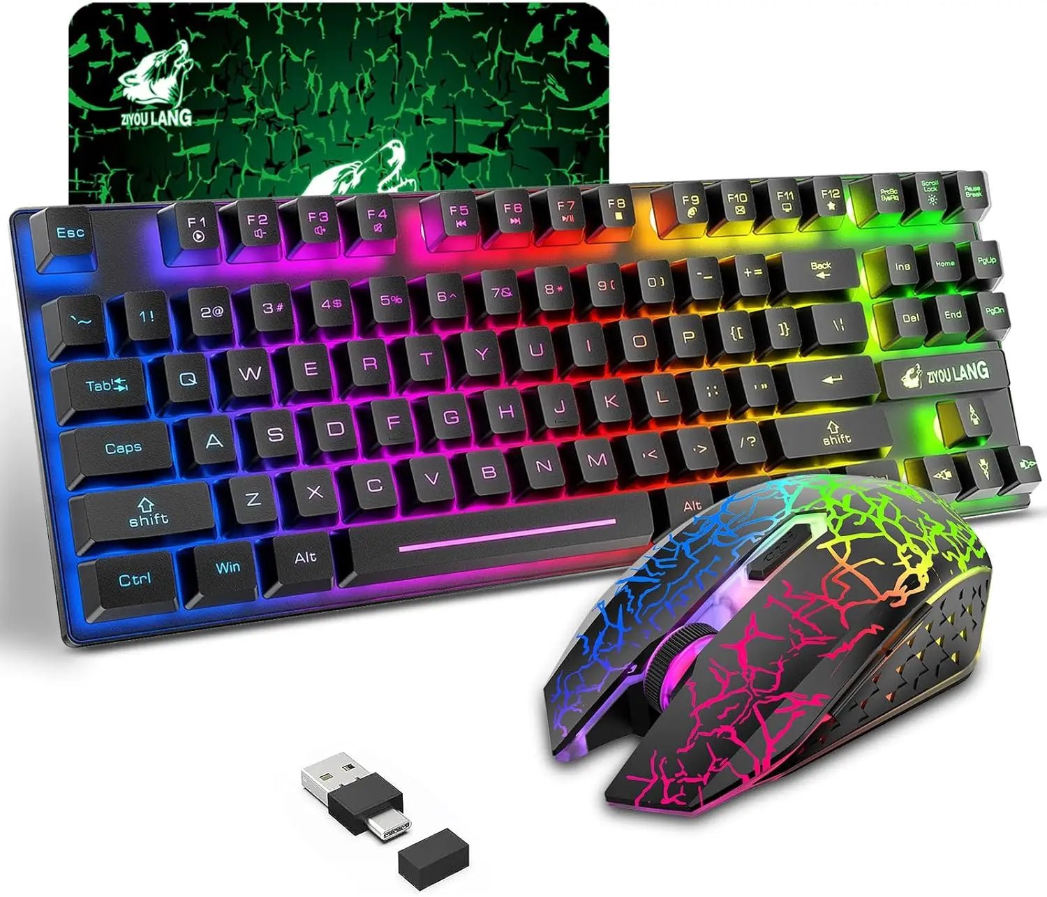 T87 Wireless Keyboard Mouse Set, Rainbow Backlit 2.4G Rechargeable Gaming Keyboard 2400DPI Optical Gaming Mouse with Mouse Pad - Velvet Haven