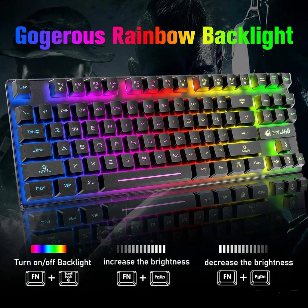 T87 Wireless Keyboard Mouse Set, Rainbow Backlit 2.4G Rechargeable Gaming Keyboard 2400DPI Optical Gaming Mouse with Mouse Pad - Velvet Haven
