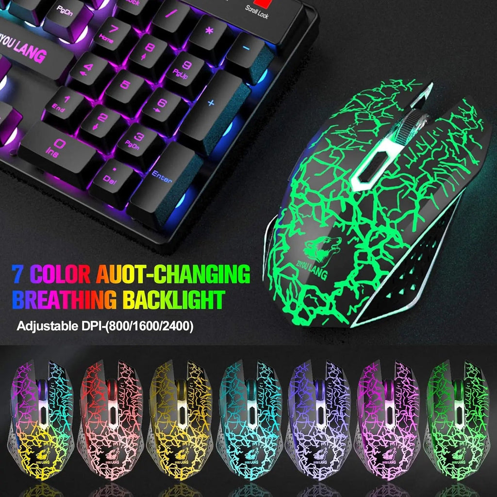 T87 Wireless Keyboard Mouse Set, Rainbow Backlit 2.4G Rechargeable Gaming Keyboard 2400DPI Optical Gaming Mouse with Mouse Pad - Velvet Haven