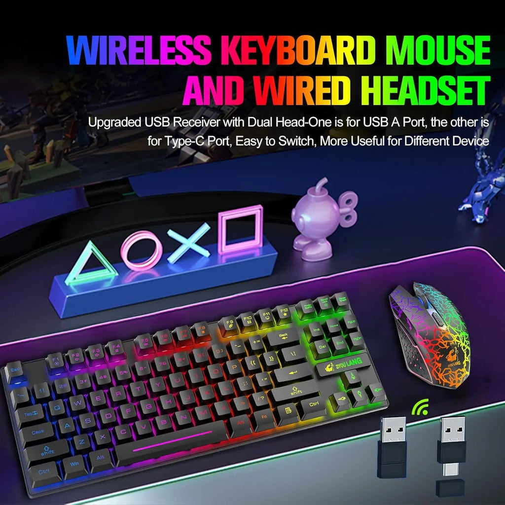T87 Wireless Keyboard Mouse Set, Rainbow Backlit 2.4G Rechargeable Gaming Keyboard 2400DPI Optical Gaming Mouse with Mouse Pad - Velvet Haven