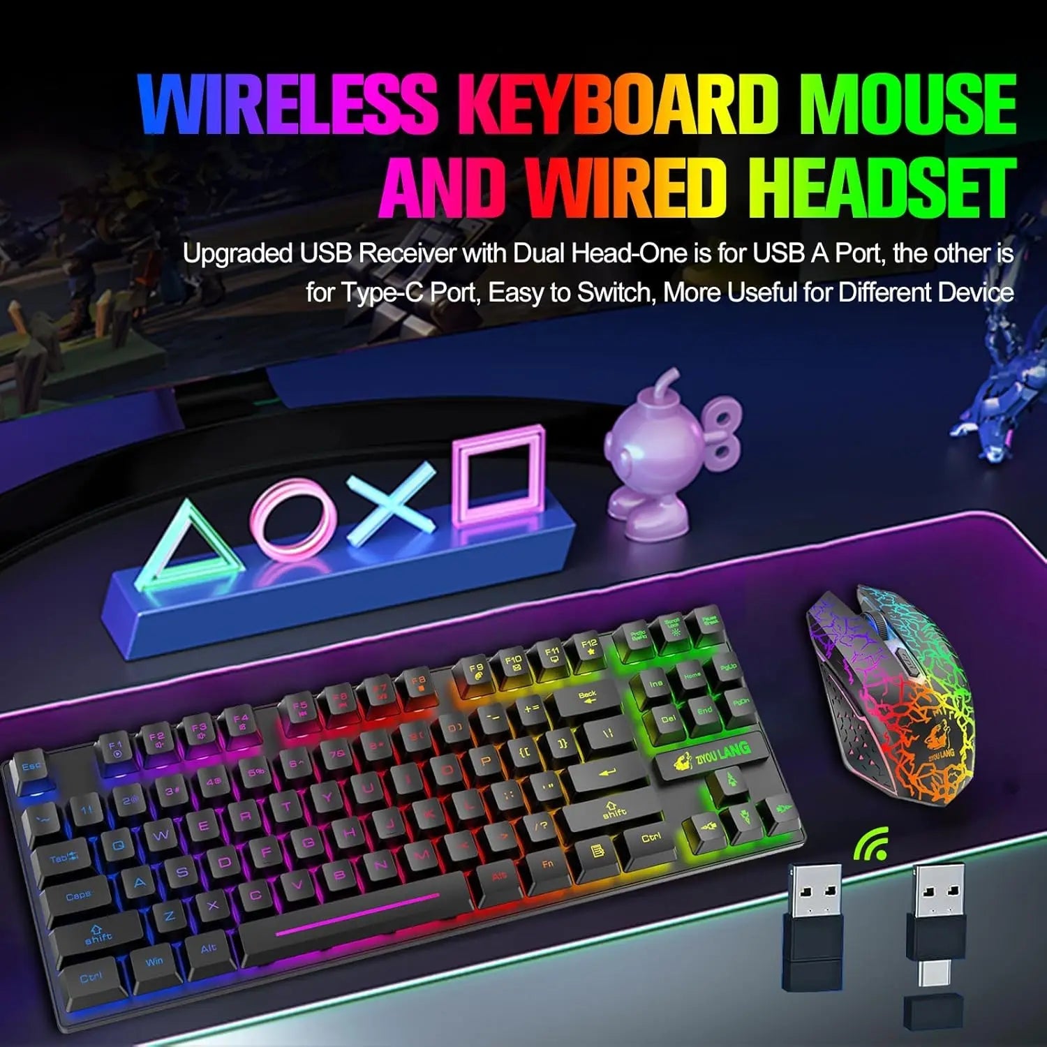 T87 Wireless Keyboard Mouse Set, Rainbow Backlit 2.4G Rechargeable Gaming Keyboard 2400DPI Optical Gaming Mouse with Mouse Pad - Velvet Haven