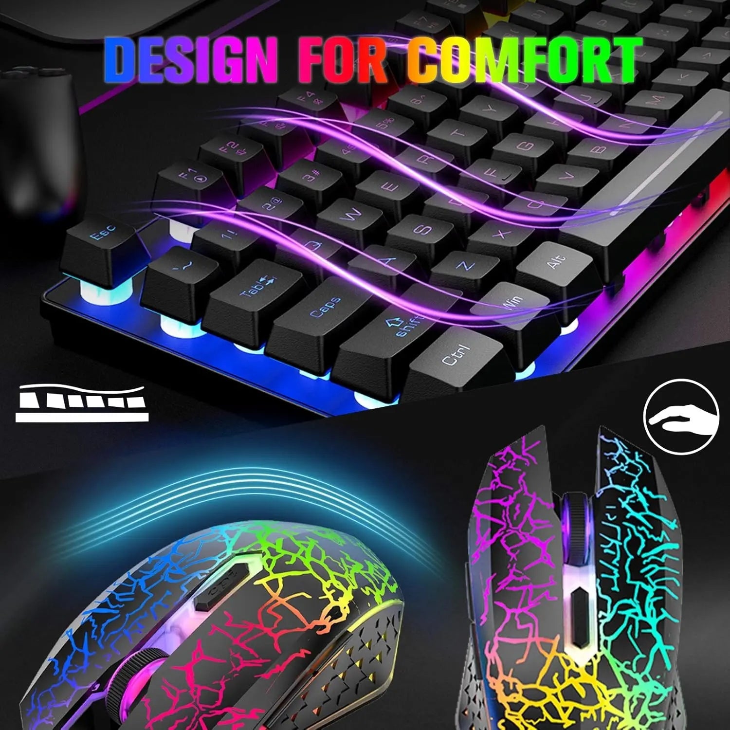 T87 Wireless Keyboard Mouse Set, Rainbow Backlit 2.4G Rechargeable Gaming Keyboard 2400DPI Optical Gaming Mouse with Mouse Pad - Velvet Haven