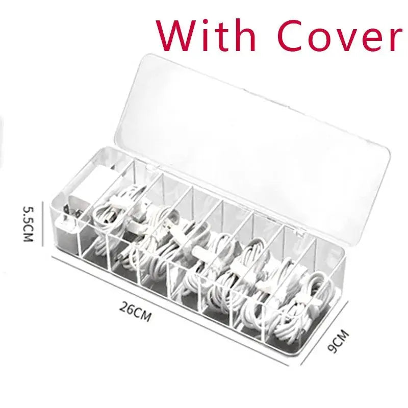The transparent plastic Data Cable Storage Box household cable MobilePhone Charger Charging Cable Finishing Box Divided Grid Box - Velvet Haven
