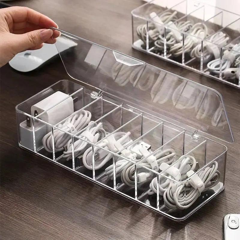 The transparent plastic Data Cable Storage Box household cable MobilePhone Charger Charging Cable Finishing Box Divided Grid Box - Velvet Haven