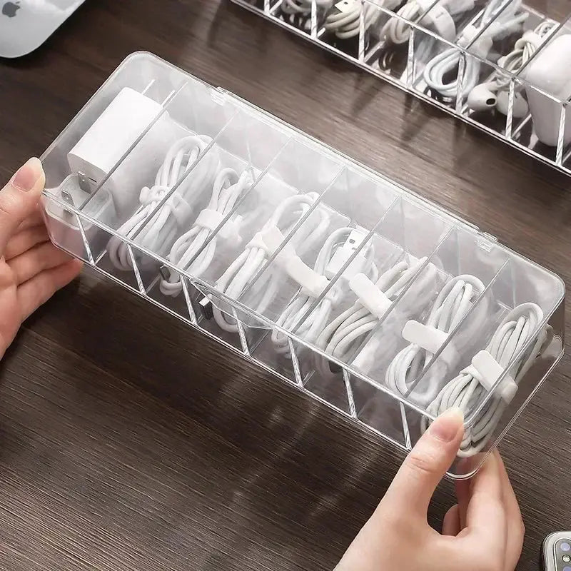 The transparent plastic Data Cable Storage Box household cable MobilePhone Charger Charging Cable Finishing Box Divided Grid Box - Velvet Haven