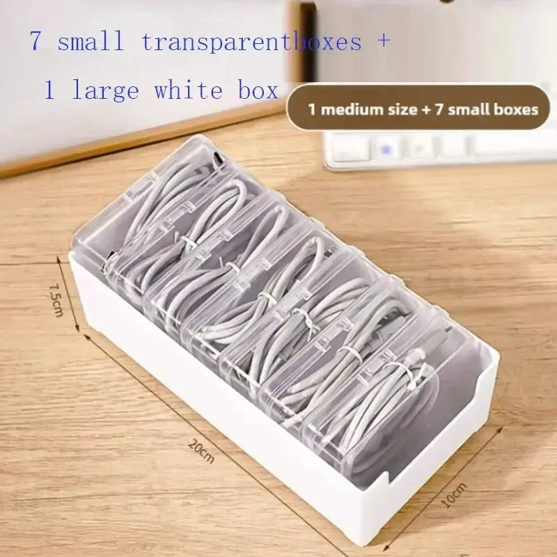 The transparent plastic Data Cable Storage Box household cable MobilePhone Charger Charging Cable Finishing Box Divided Grid Box - Velvet Haven