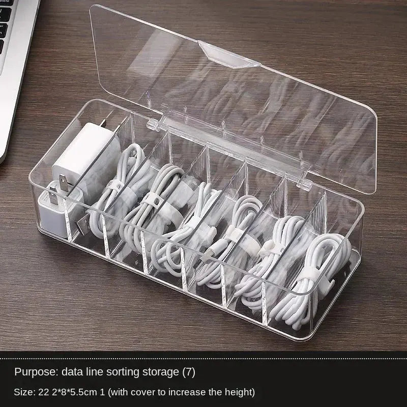 The transparent plastic Data Cable Storage Box household cable MobilePhone Charger Charging Cable Finishing Box Divided Grid Box - Velvet Haven