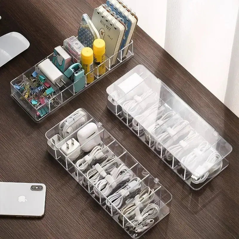 The transparent plastic Data Cable Storage Box household cable MobilePhone Charger Charging Cable Finishing Box Divided Grid Box - Velvet Haven