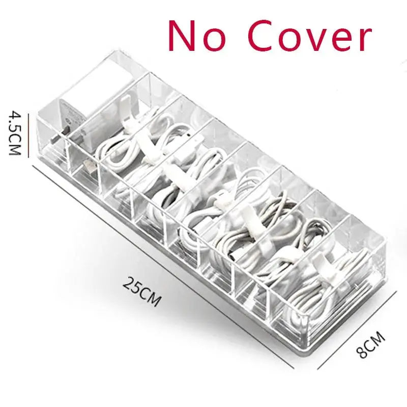 The transparent plastic Data Cable Storage Box household cable MobilePhone Charger Charging Cable Finishing Box Divided Grid Box - Velvet Haven
