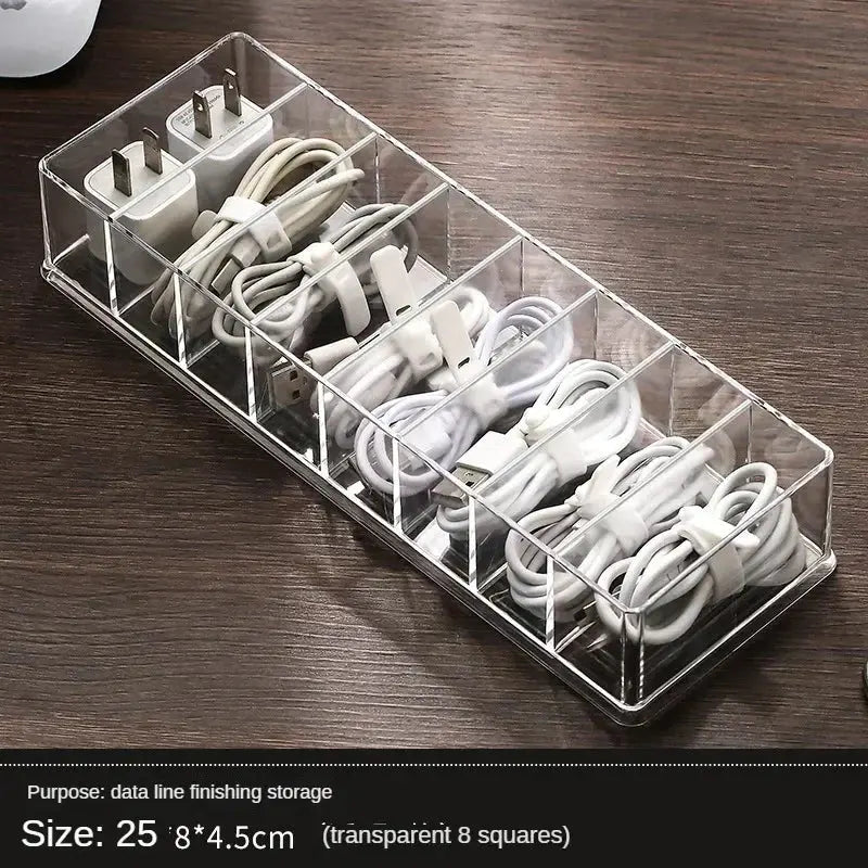 The transparent plastic Data Cable Storage Box household cable MobilePhone Charger Charging Cable Finishing Box Divided Grid Box - Velvet Haven