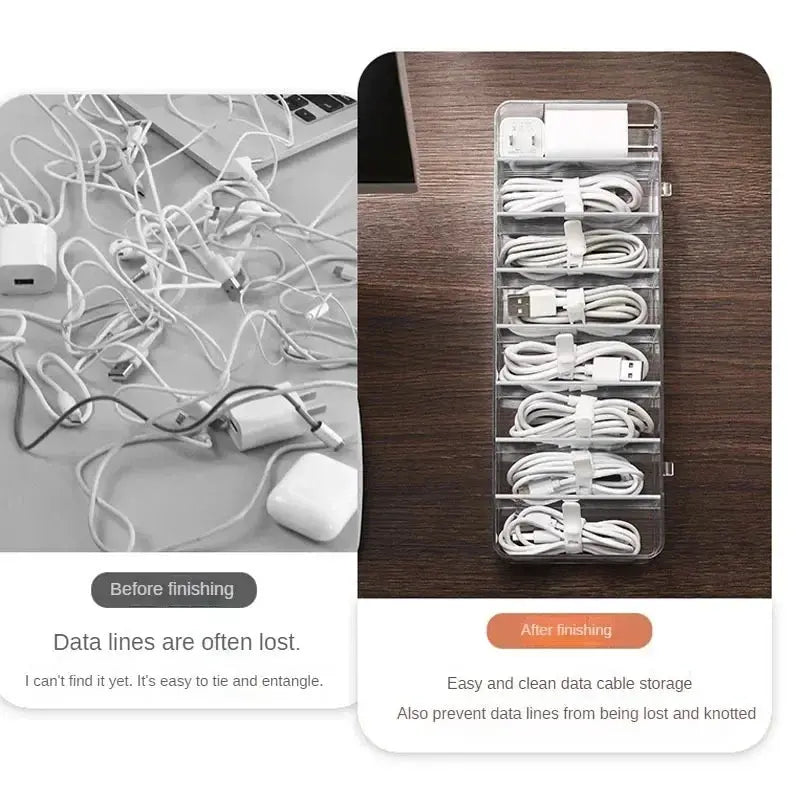 The transparent plastic Data Cable Storage Box household cable MobilePhone Charger Charging Cable Finishing Box Divided Grid Box - Velvet Haven