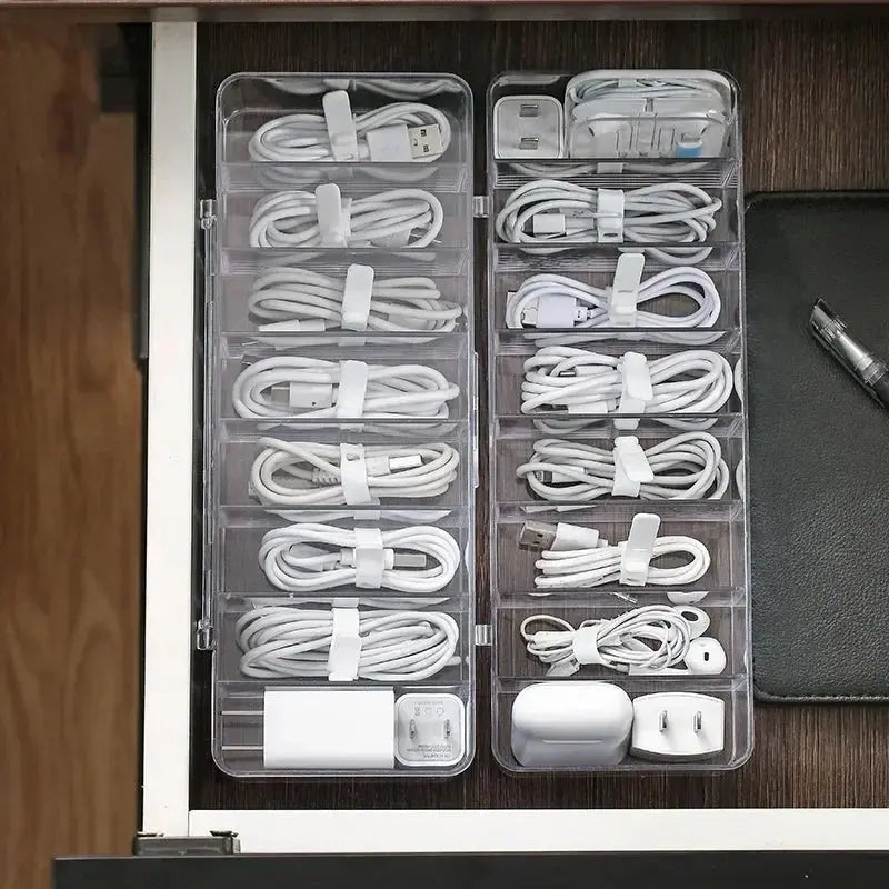 The transparent plastic Data Cable Storage Box household cable MobilePhone Charger Charging Cable Finishing Box Divided Grid Box - Velvet Haven