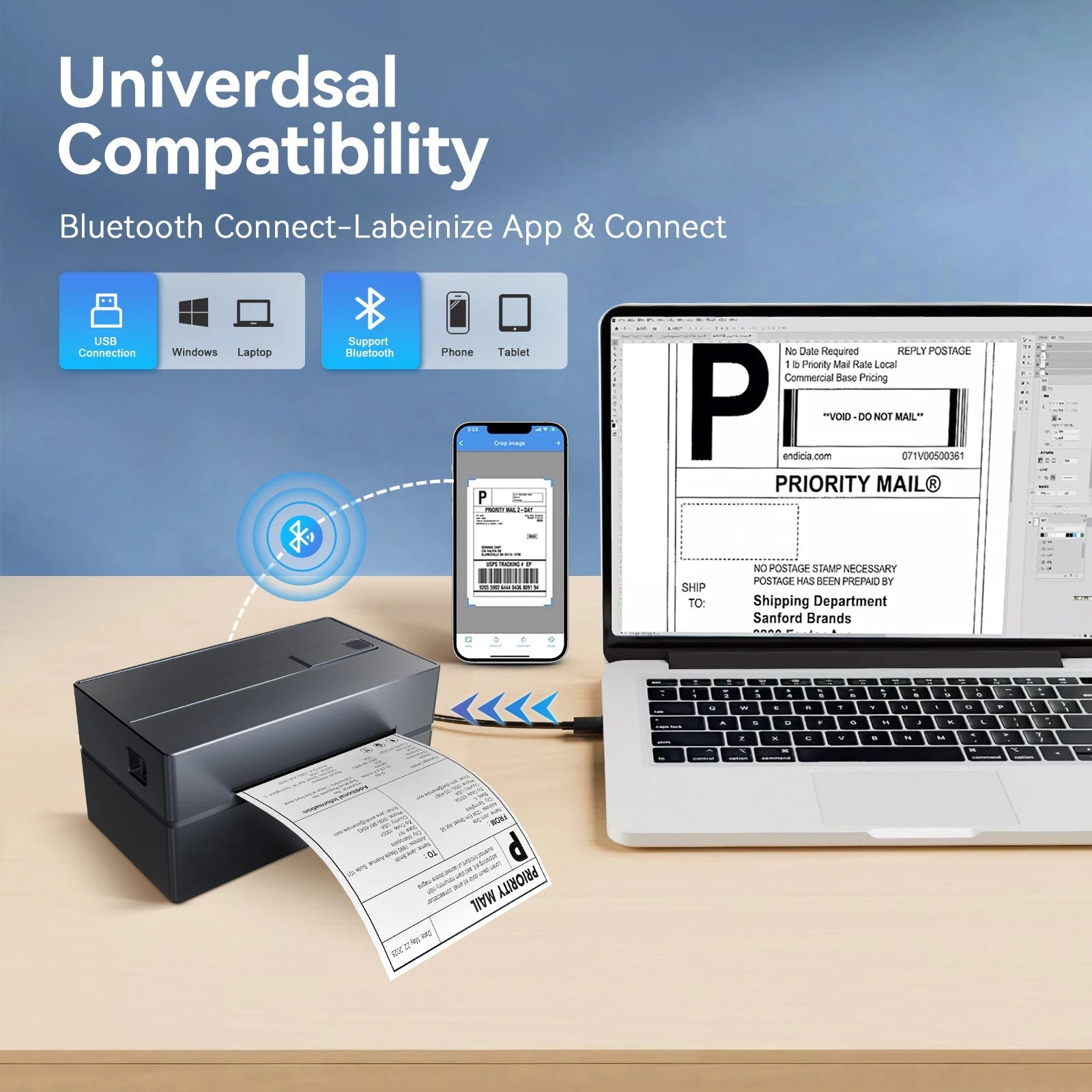Thermal Label Printer Portable No Ink Required 203DPI 4x6 for Small Business Bluetooth USB High Speed Express Airway Bill - Velvet Haven