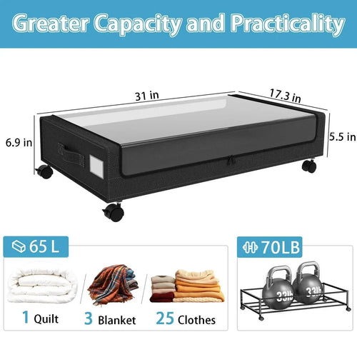 Under Bed Storage With Wheels, 2-Pack 48L Each Under The Bed Storage Containers With Clear Lids & Label, Underbed Storage Bins - Velvet Haven