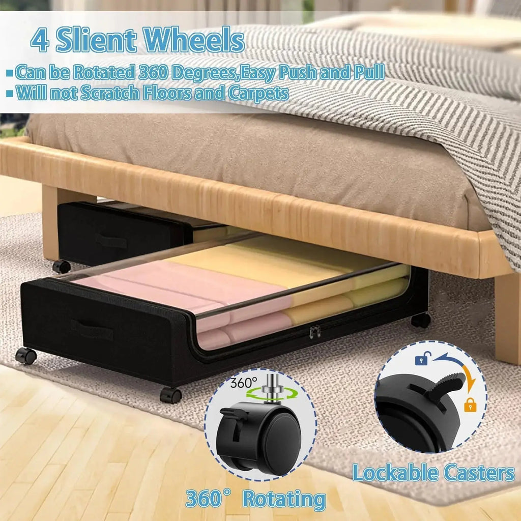 Under Bed Storage With Wheels, 2-Pack 48L Each Under The Bed Storage Containers With Clear Lids & Label, Underbed Storage Bins - Velvet Haven