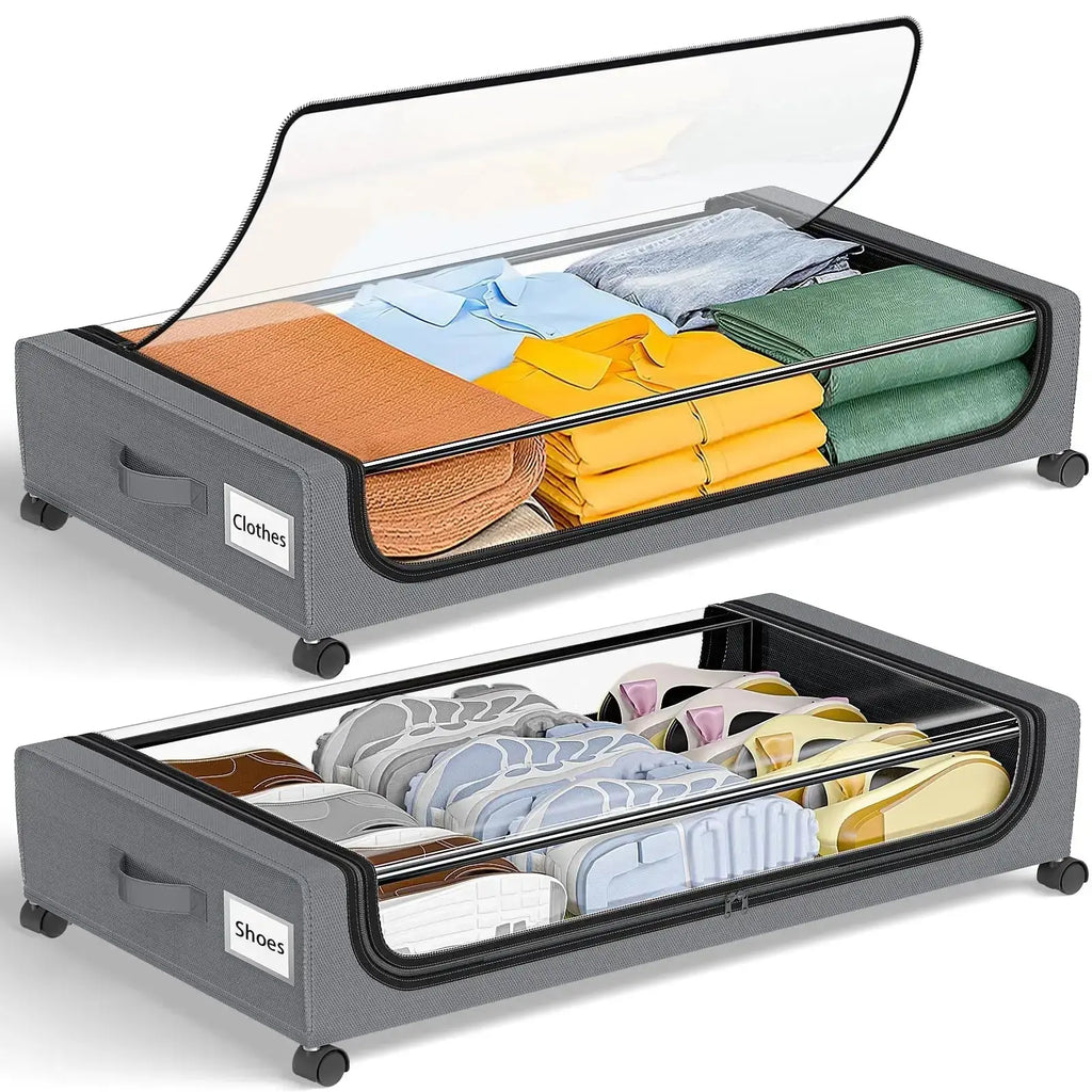 Under Bed Storage With Wheels, 2-Pack 48L Each Under The Bed Storage Containers With Clear Lids & Label, Underbed Storage Bins - Velvet Haven