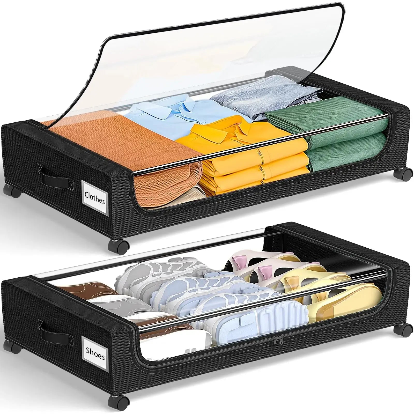 Under Bed Storage With Wheels, 2-Pack 48L Each Under The Bed Storage Containers With Clear Lids & Label, Underbed Storage Bins - Velvet Haven