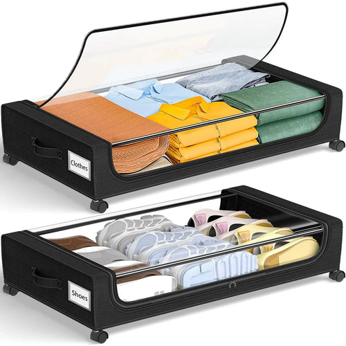 Under Bed Storage With Wheels, 2-Pack 48L Each Under The Bed Storage Containers With Clear Lids & Label, Underbed Storage Bins - Velvet Haven