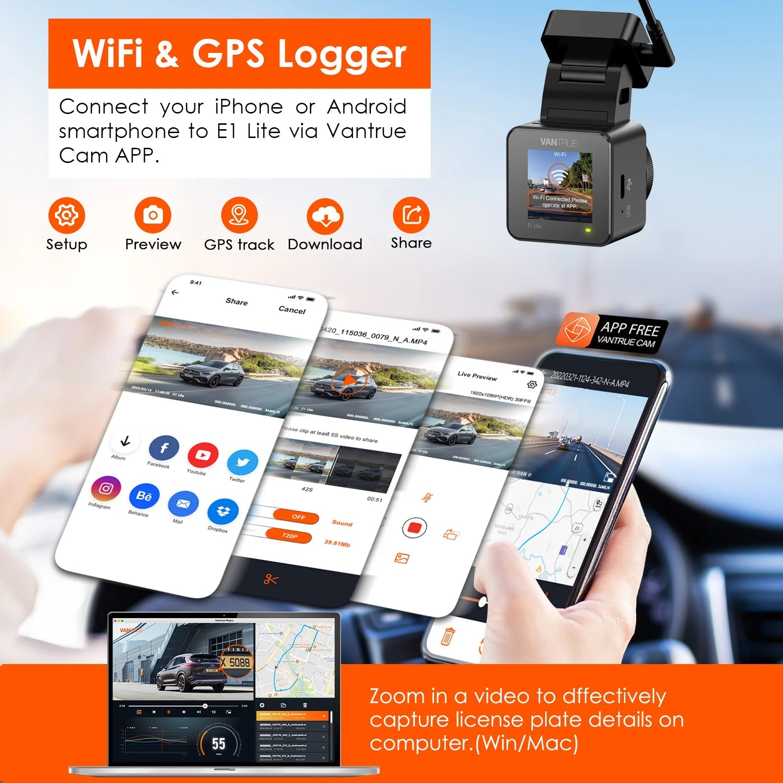 Vantrue E1 Lite Mini Dashcam 1080P WiFi Dash Camera with Free App Voice Control 24H Parking Mode Support 512GB Max - Velvet Haven