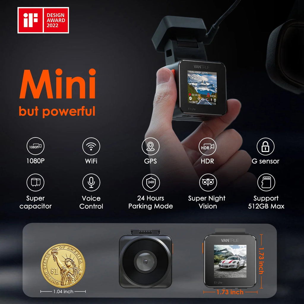 Vantrue E1 Lite Mini Dashcam 1080P WiFi Dash Camera with Free App Voice Control 24H Parking Mode Support 512GB Max - Velvet Haven