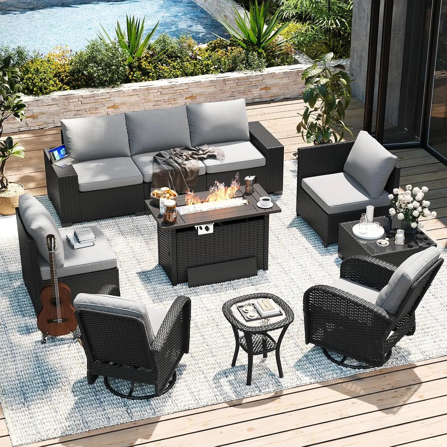 Velvet Haven 10-Piece Wicker Patio Set with 44-Inch Fire Pit Table - Velvet Haven
