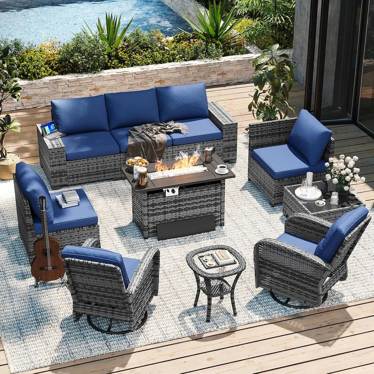 Velvet Haven 10-Piece Wicker Patio Set with 44-Inch Fire Pit Table - Velvet Haven