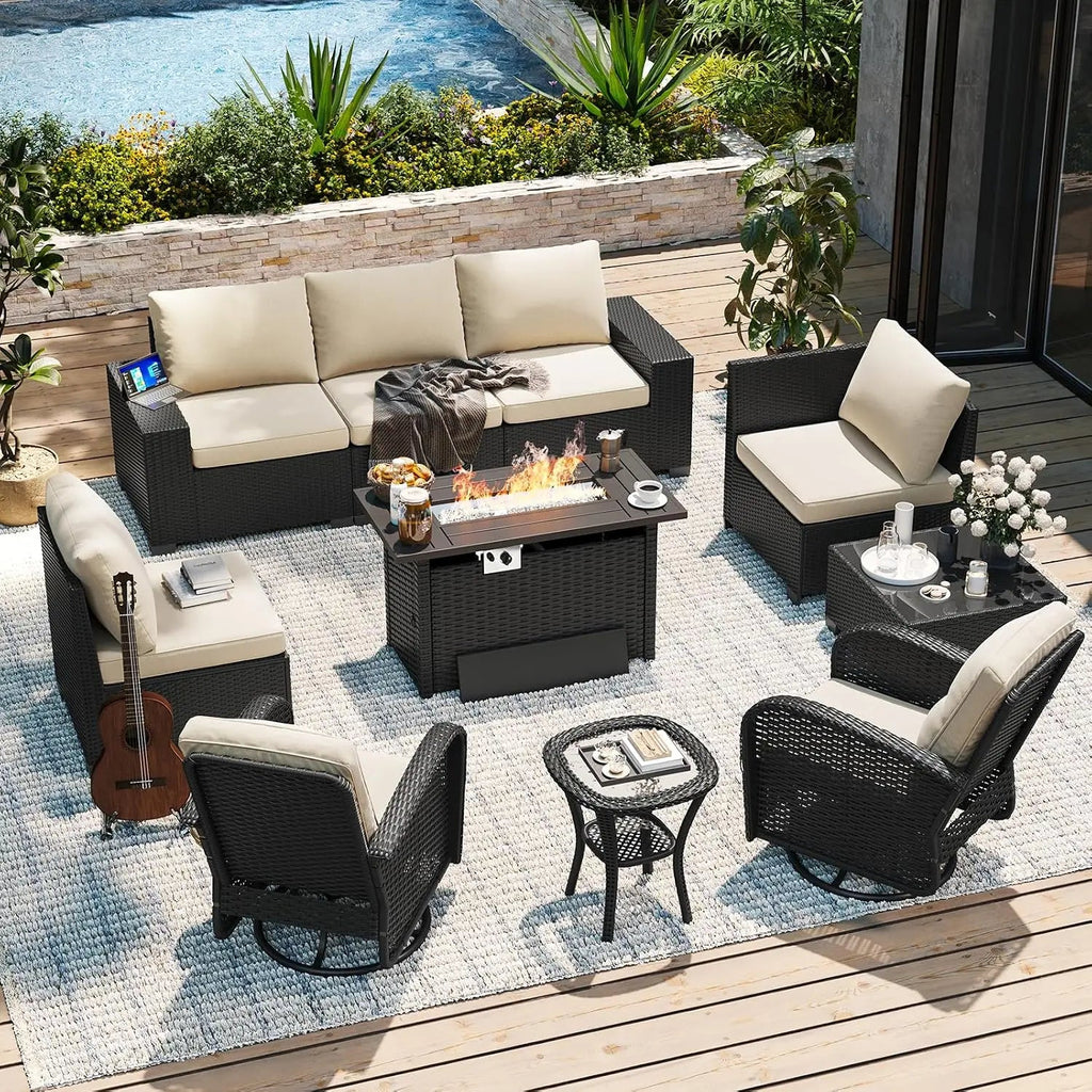 Velvet Haven 10-Piece Wicker Patio Set with 44-Inch Fire Pit Table - Velvet Haven