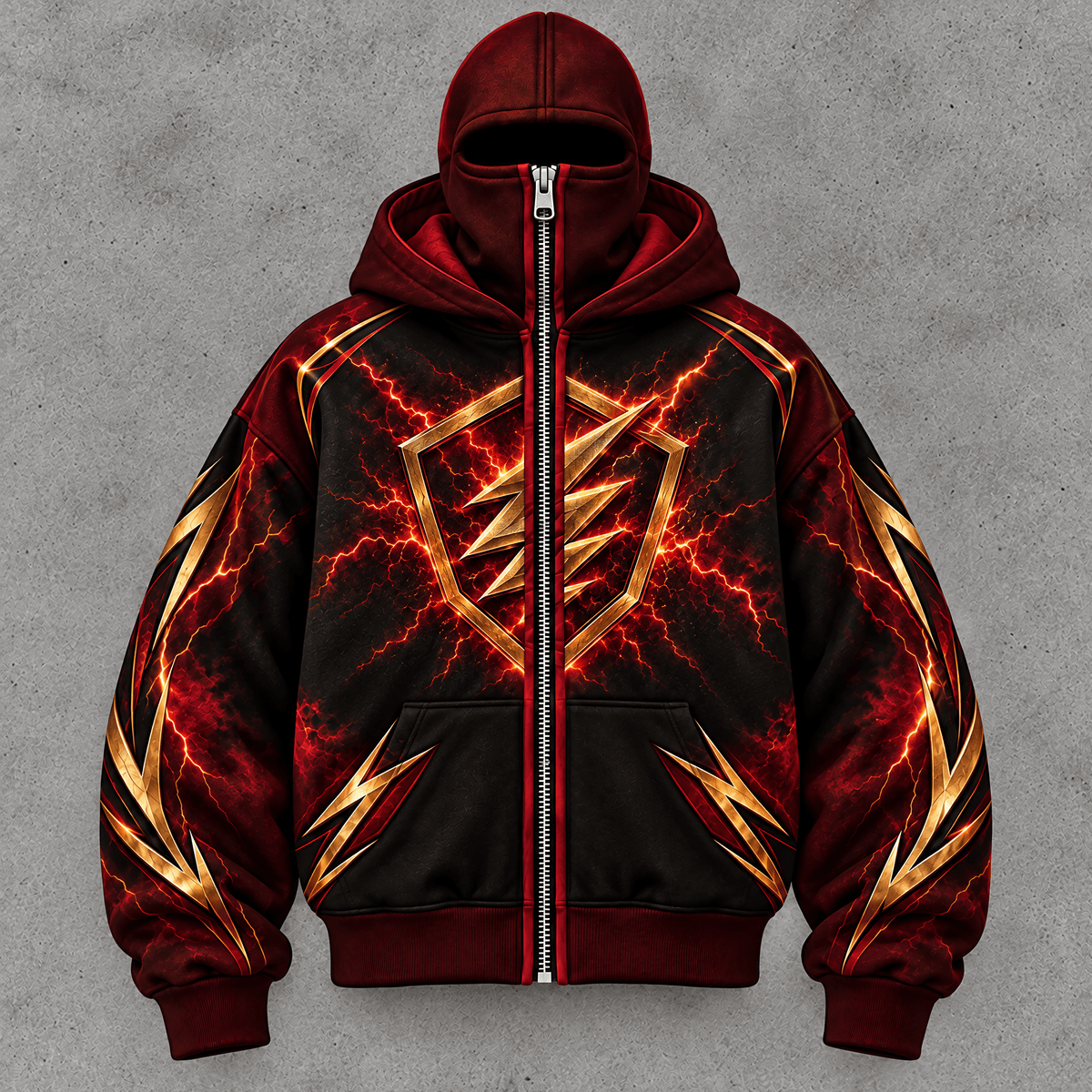 VelvetHavenFinds™ ThunderStrike Full-Zip Ski Mask Hoodie – Burgundy & Black - Velvet Haven