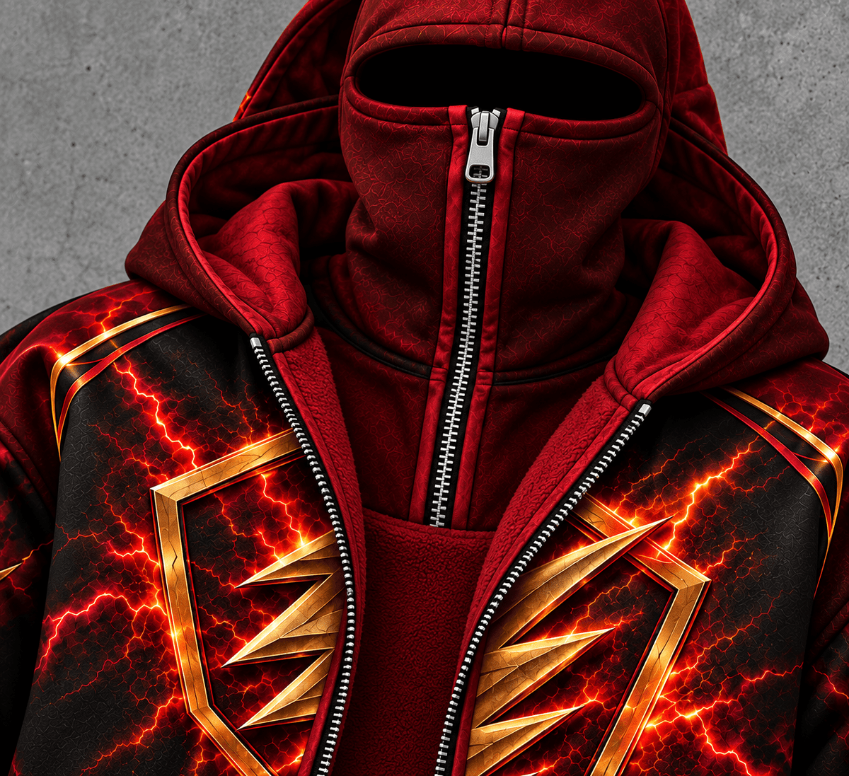 VelvetHavenFinds™ ThunderStrike Full-Zip Ski Mask Hoodie – Burgundy & Black - Velvet Haven — view 4