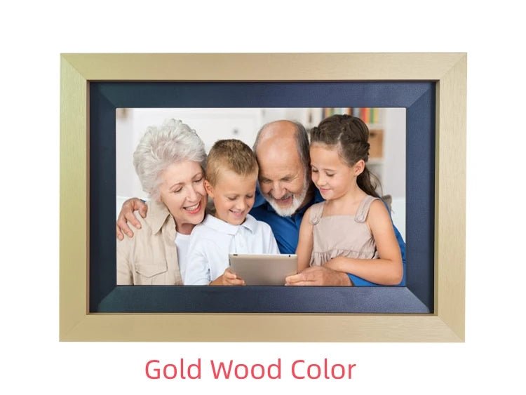 10.1-inch WiFi digital picture frame with HD IPS touchscreen displaying family photos on a modern tabletop.