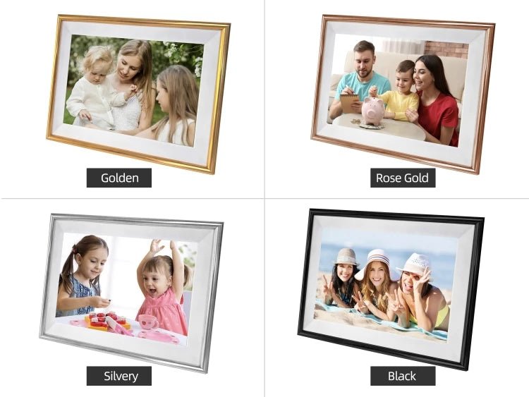 10.1-inch WiFi digital picture frame with HD IPS touchscreen displaying family photos on a modern tabletop.