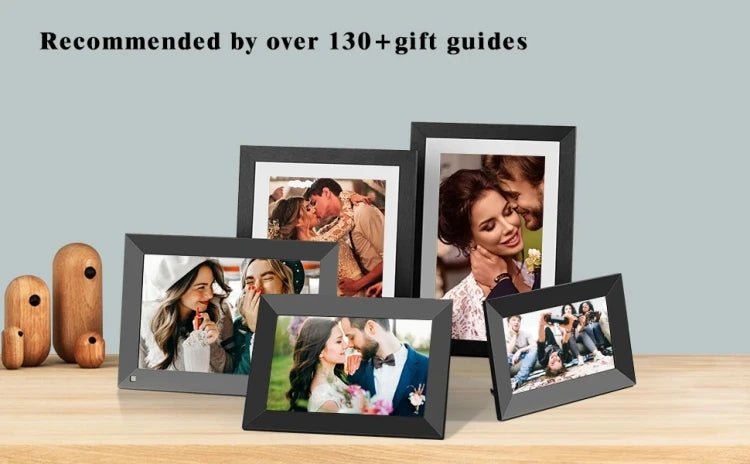 10.1-inch WiFi digital picture frame with HD IPS touchscreen displaying family photos on a modern tabletop.